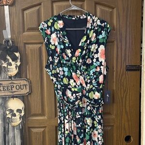 Tommy Hilfiger Water Color Floral Midi Dress W/ Waist Tie